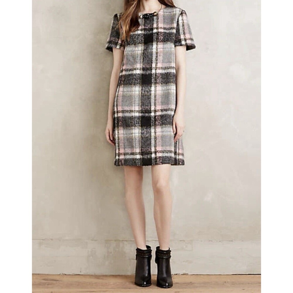 Anthropologie Frontier Plaid Dress By Line & Dot Wool Blend Shift Sz. XS